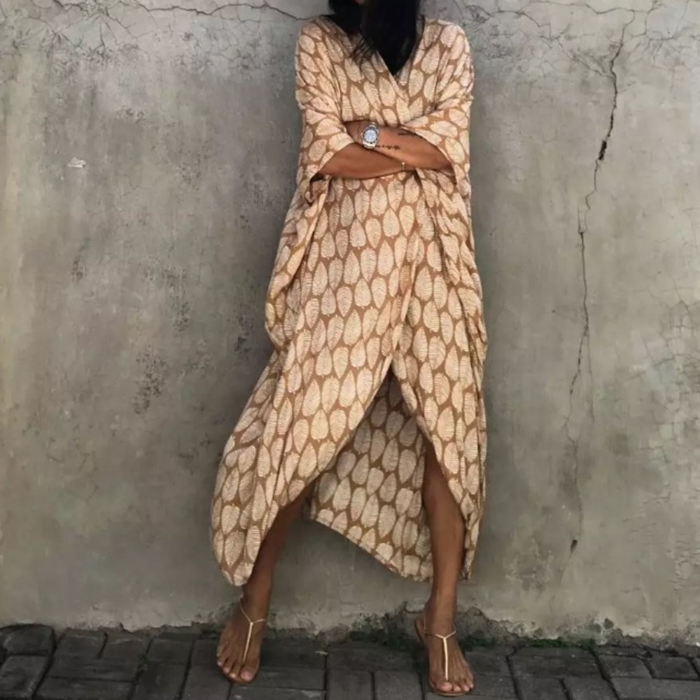 SOLD OUT Bohemian Leaf Pattern Kimono Swim Coverup Wrap Duster Robe - Picture 4 of 9